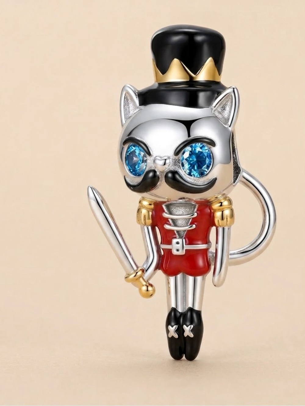Silver Cat Nutcracker Charm with Red Uniform and Blue Eyes